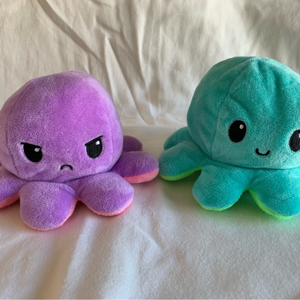TeeTurtle 2 Reversible Plush Octopus Pink and Green 6” Happy Mad Stuffed Animals